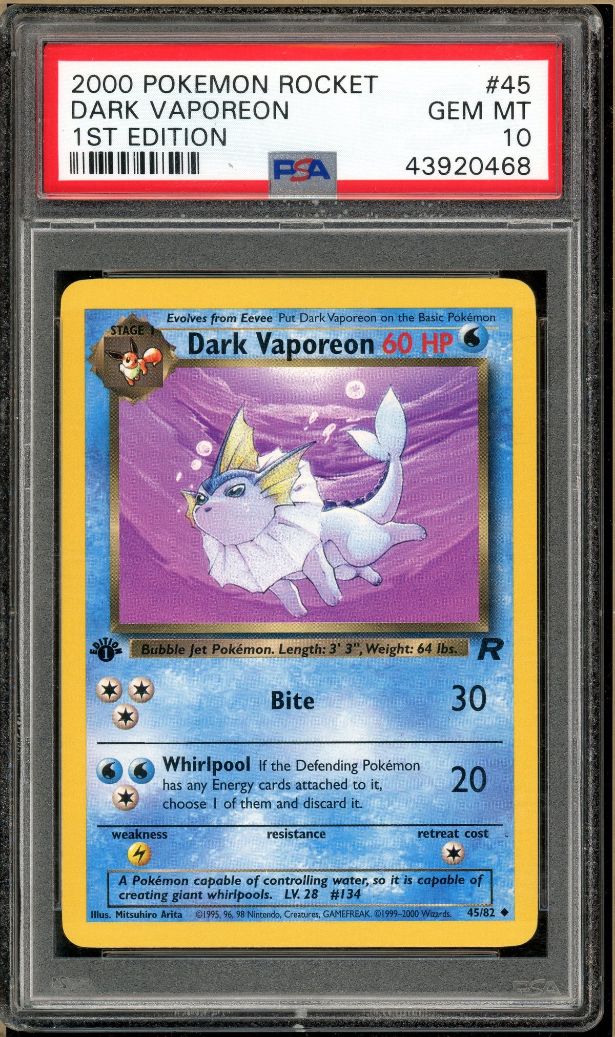 Pokémon - Dark Vaporeon - Team Rocket 1st Edition #45 PSA 10